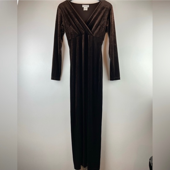 VINTAGE 90s Chocolate Brown Velour Gown - Picture 2 of 11